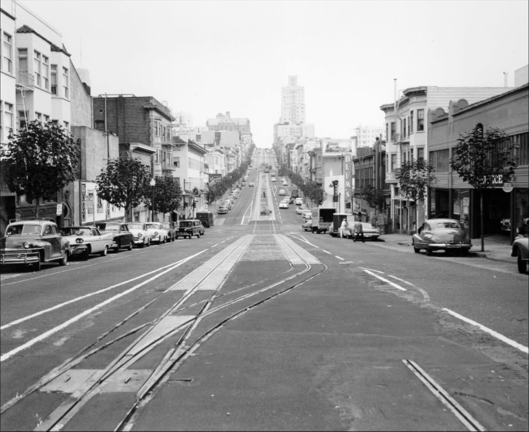 View east on California at Van Ness, 1957.