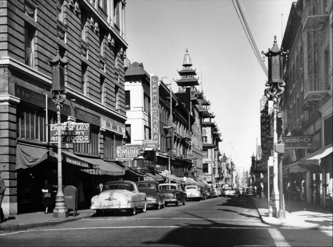 Chinatown from the intersection of Pine and Grant Avenue, circa 1950s.