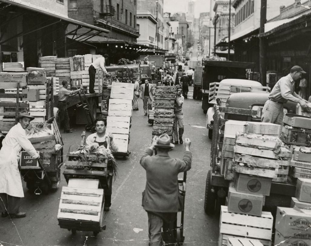 Deliveries to produce markets on Washington Street, 1952.