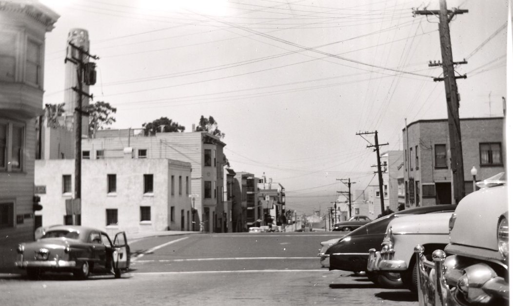 Looking north from Union and Montgomery Street with Coit Tower in the background, 1952.