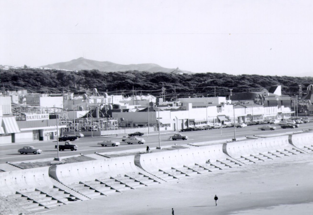 View of Ocean Beach with Playland in the background, 1960s.