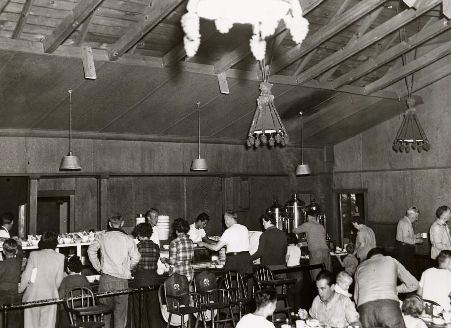 Irving Endstrom and Will Ergas serving food to campers at Camp Mather, 1948.