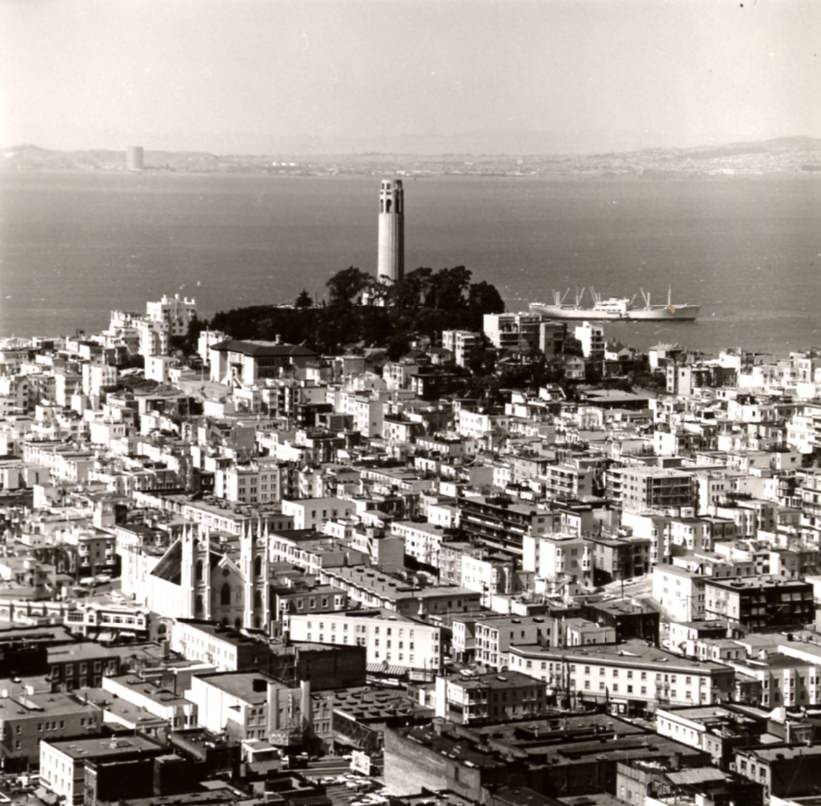 View of Telegraph Hill with San Francisco Bay in the background, early 1960s.