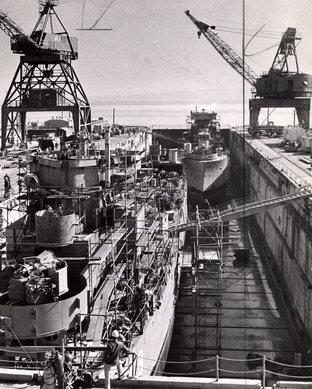 Ships Clarion River and St. Francis being modernized at Hunters Point Naval Shipyard, 1965.