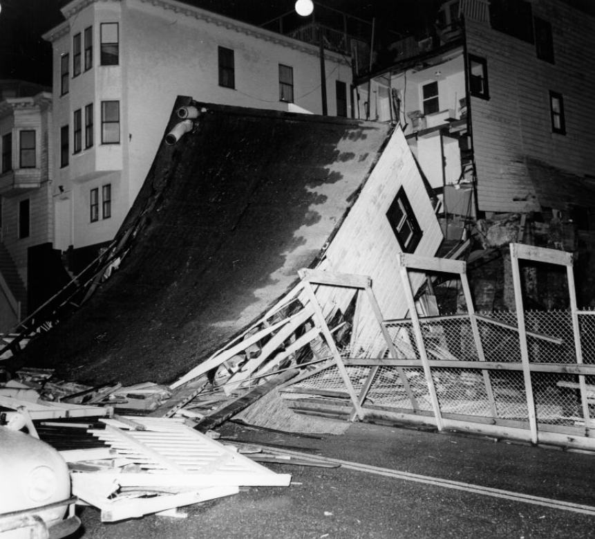 Collapsed building at Grant and Lombard streets, Telegraph Hill, 1964.