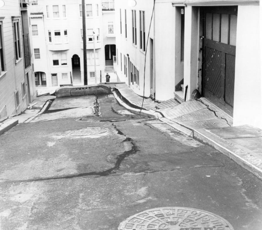 Cracked pavement near Grant and Lombard streets, Telegraph Hill, 1964.