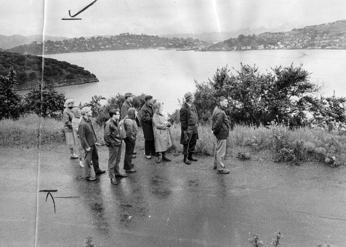 Group of people exploring Angel Island, described as "badly rundown," 1963.