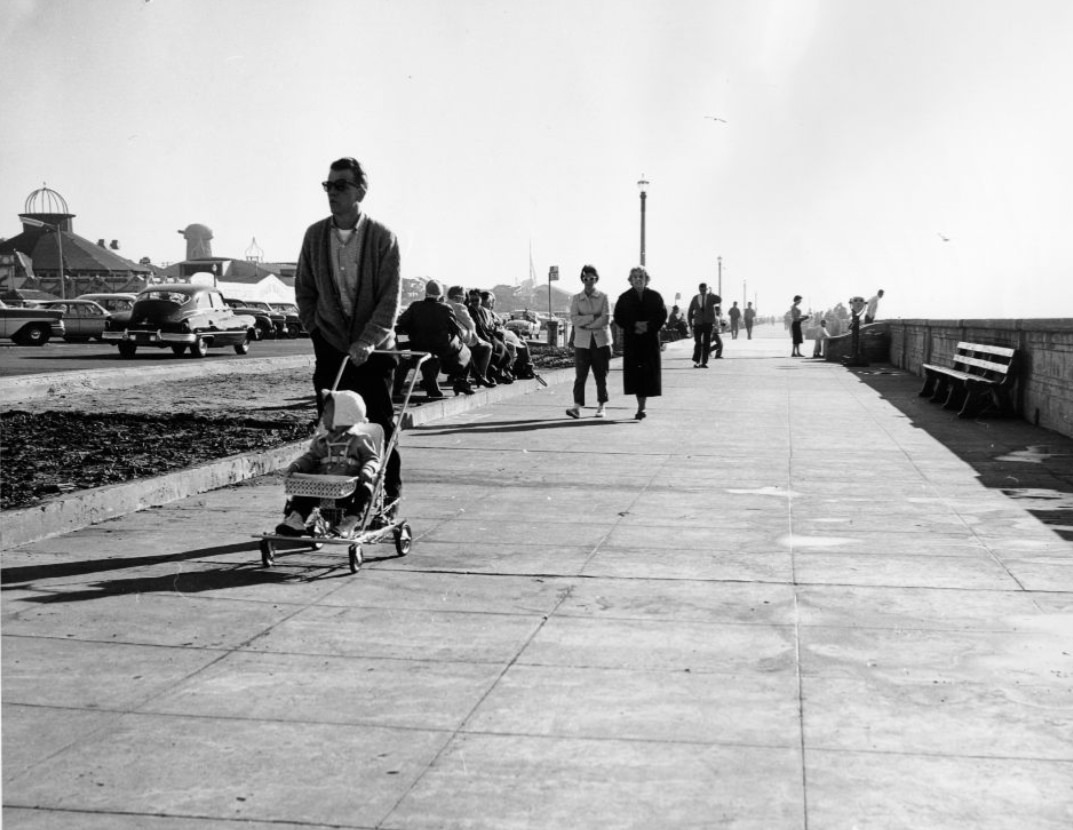 Pedestrian sidewalk at Ocean Beach, 1960.