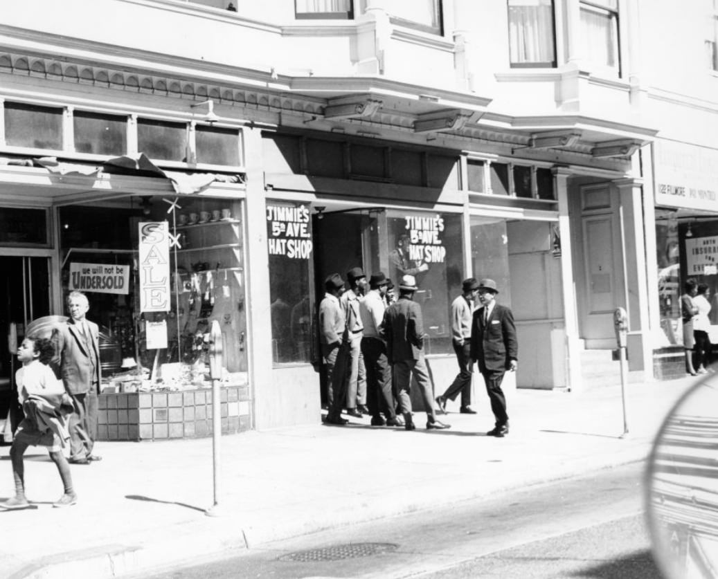 Men outside Jimmie's 5th Ave. Hat Shop on Fillmore Street, 1964.