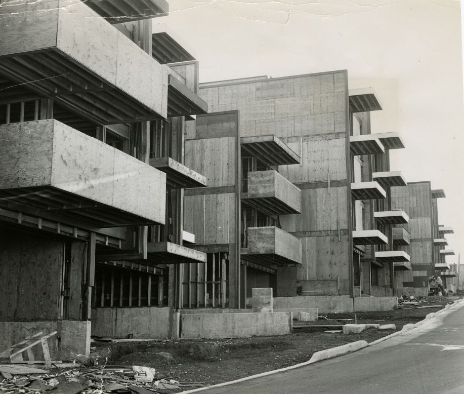 Uncompleted townhouses on Red Rock Hill, Diamond Heights district, 1964.