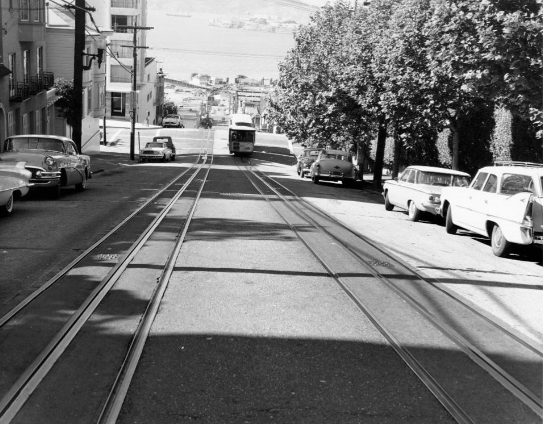 Cable Car descending Hyde Street hill, 1961.
