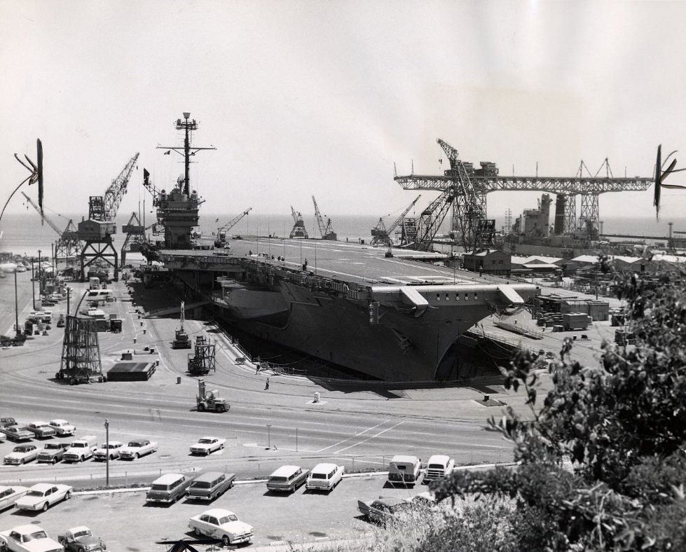 Aircraft carrier repair at Hunters Point Naval Shipyard, 1963.