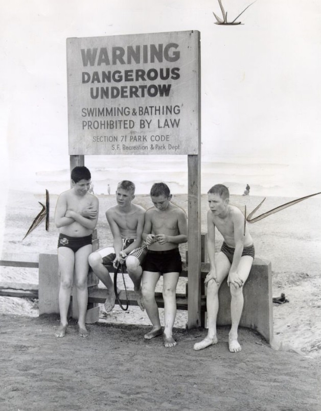 Gard Campton, Jim Bicknell, Teddy and Dennis McLain at Ocean Beach, 1960.