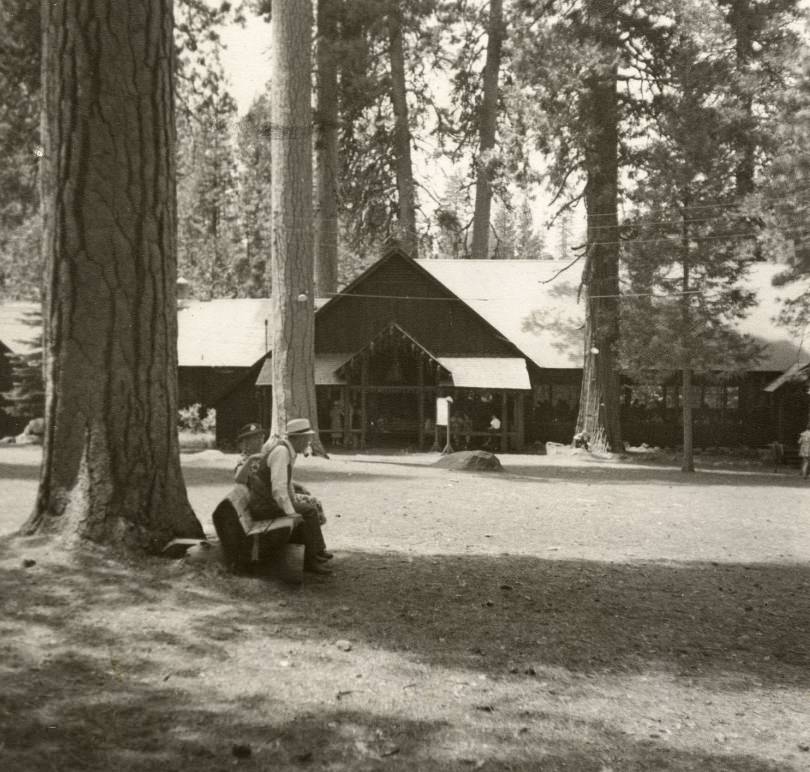 Campers near lodge at Camp Mather, 1942.