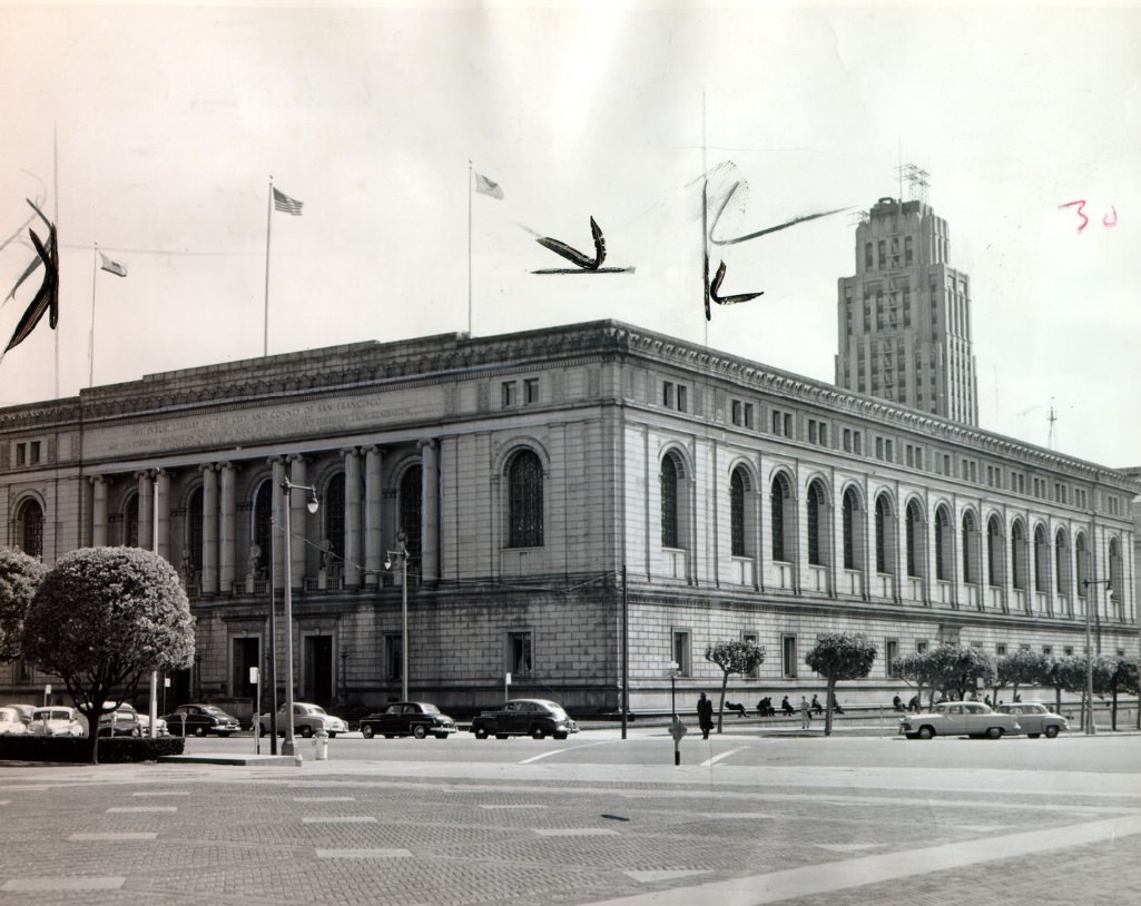 Exterior view of Main Library at Larkin and Fulton streets, 1960.