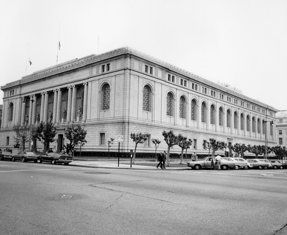 Exterior view of Main Library at Larkin and Fulton streets, 1960s.