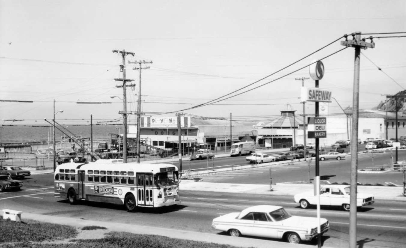 Muni bus on Fulton Street at La Playa, near Ocean Beach, 1960s.