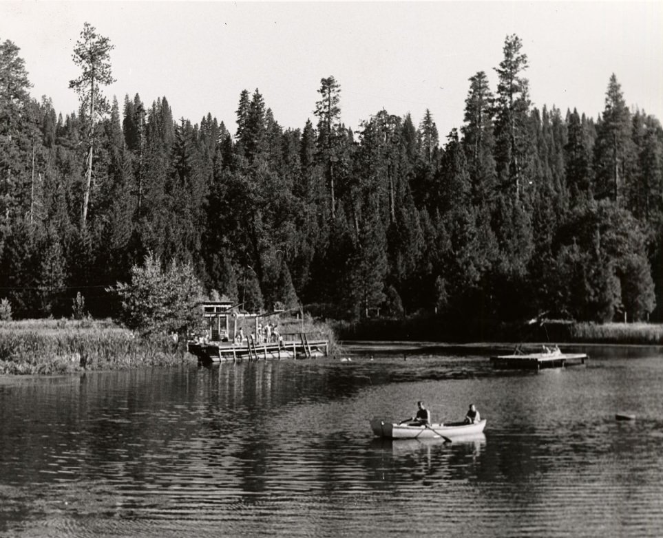 Campers in a rowboat on Birch Lake, Camp Mather, 1947.