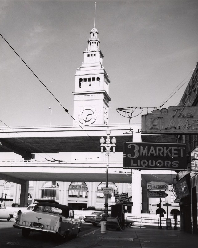 View of Embarcadero Freeway and the Ferry Building, 1964.