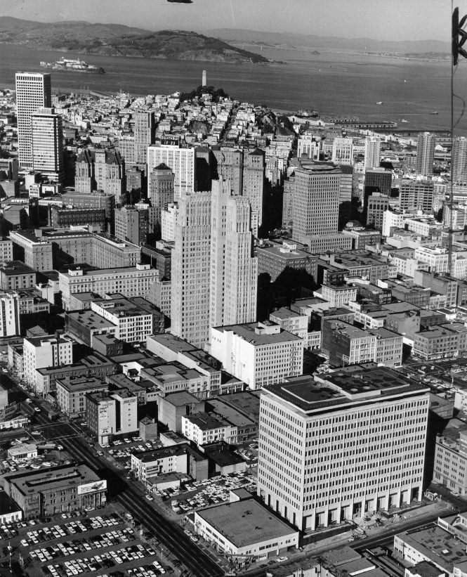 Aerial view of San Francisco near Folsom Street, looking north with Coit Tower and Alcatraz visible, 1965.