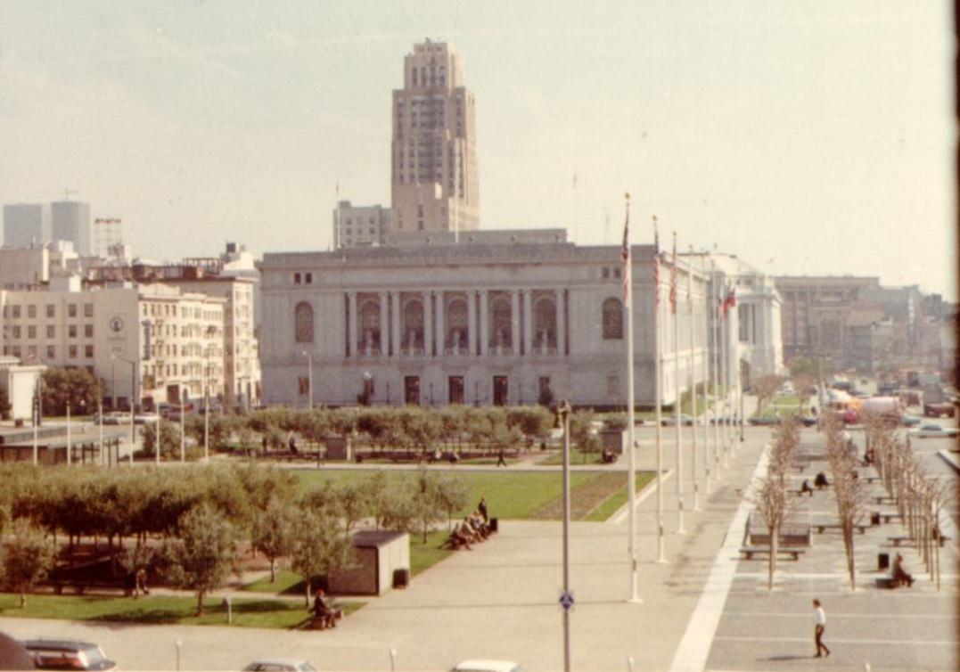 View of Main Library from City Hall, 1969.