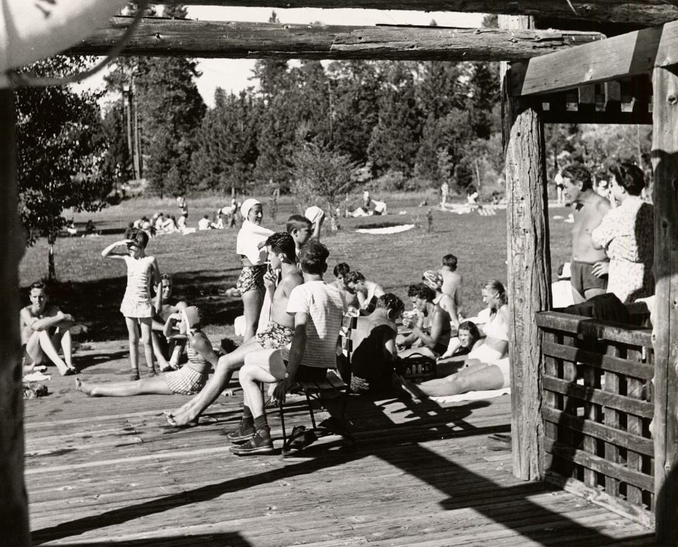 Campers near a lake at Camp Mather, 1947.