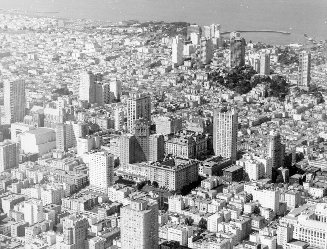 Aerial view of San Francisco, looking northwest, showing Nob Hill, Russian Hill, and Marina district, 1968.
