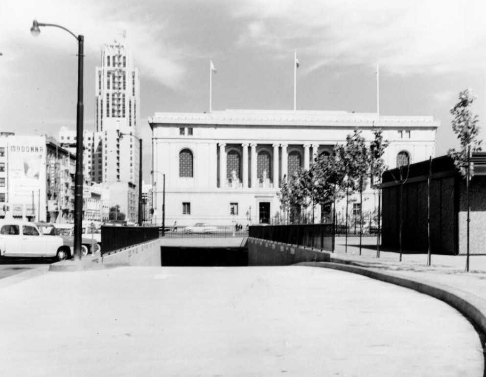Entrance to a parking lot in Civic Center Plaza, 1961.