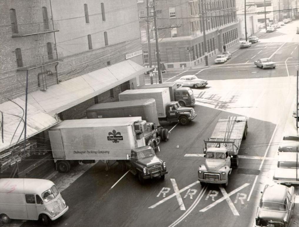 Trucks at Gibraltar Warehouses dock on Brannan Street, 1962.