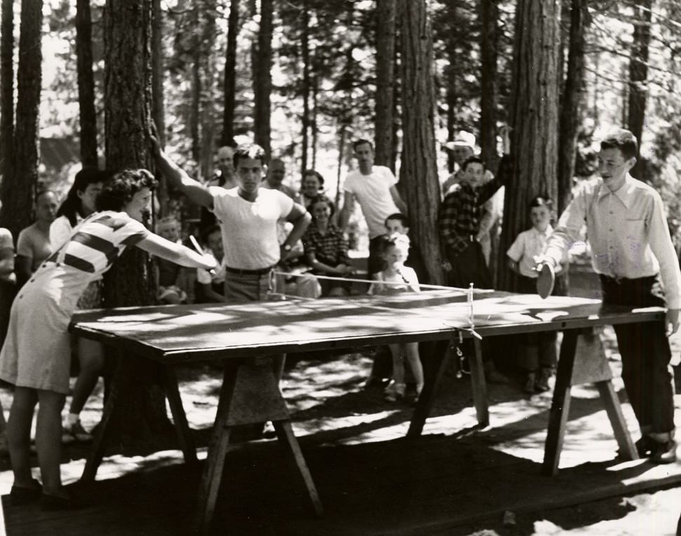 People watching ping-pong players at Camp Mather, 1946.
