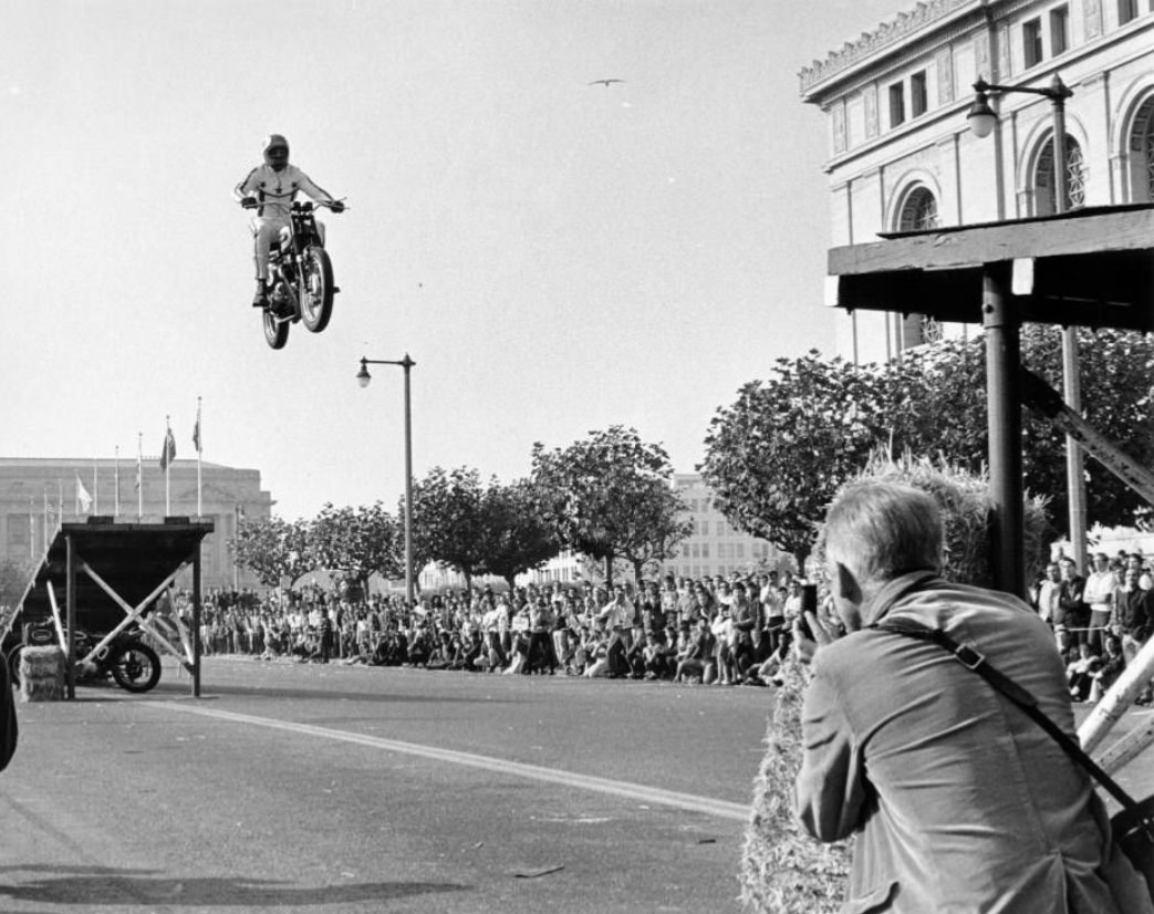 Stuntman Evil Knievel performing in Civic Center Plaza, 1967.