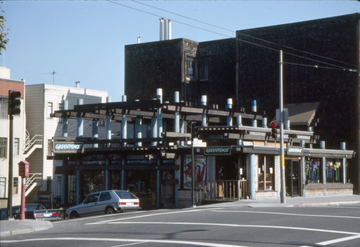 Greenpeace store at North Point Street and Larkin Street, 1989.
