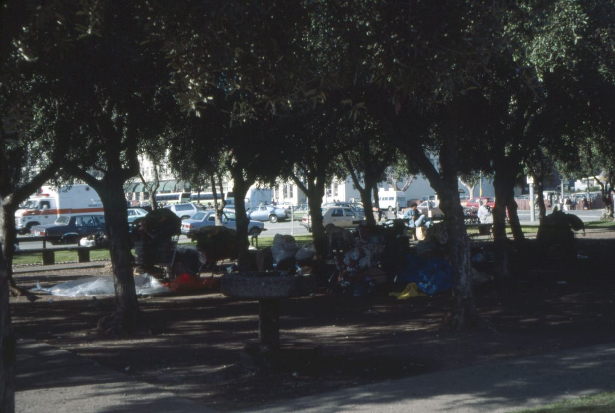 Homeless in Civic Center Plaza, 1989.
