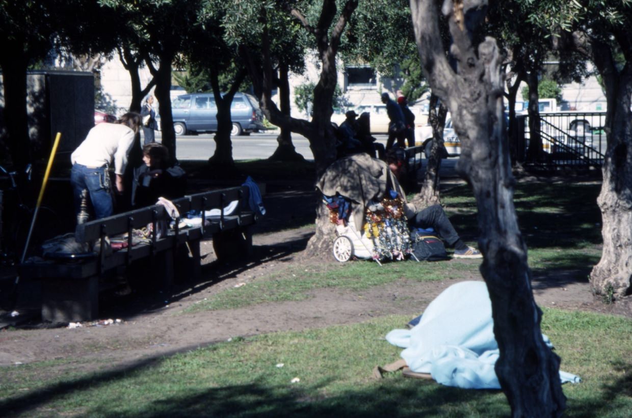 Homeless in Civic Center Plaza, 1989.