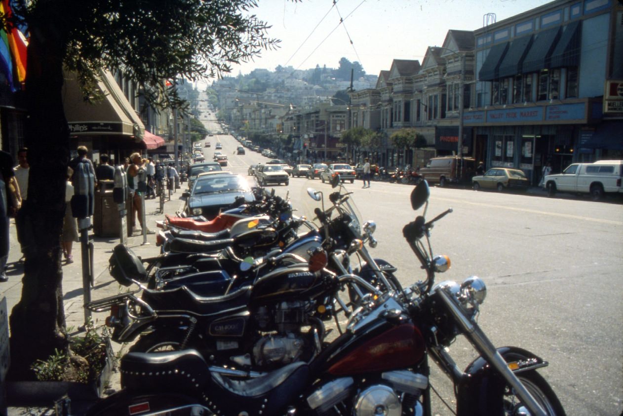 Motorcycles on the 400 block of Castro Street, 1988.