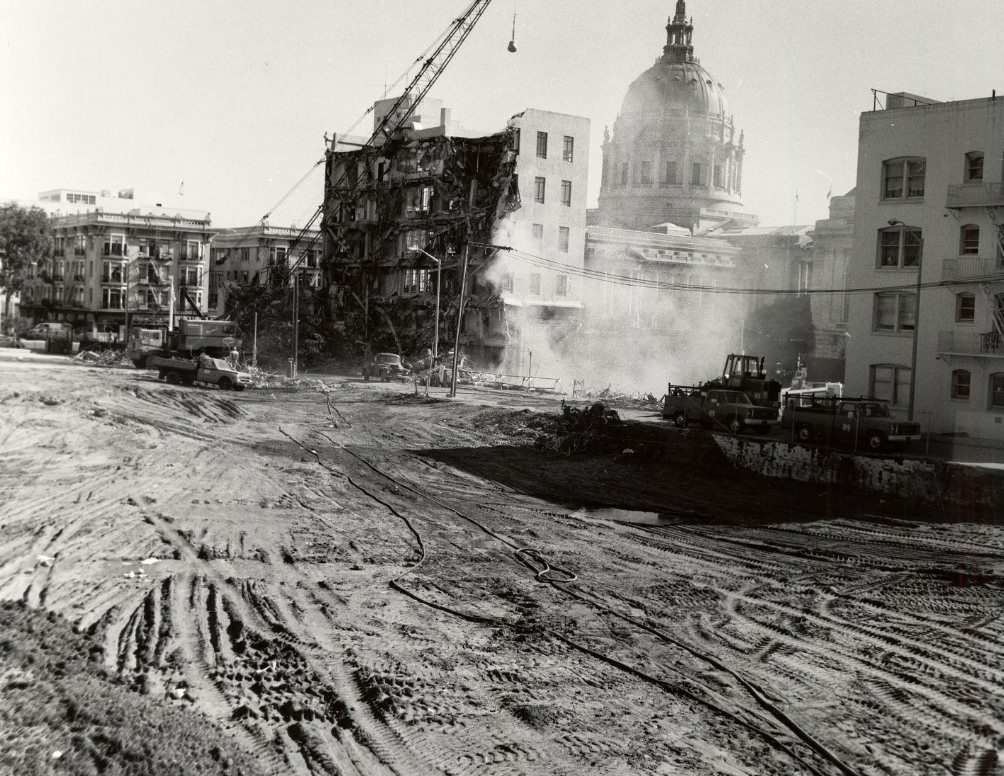 Demolition of buildings across from City Hall, Civic Center, 1982.