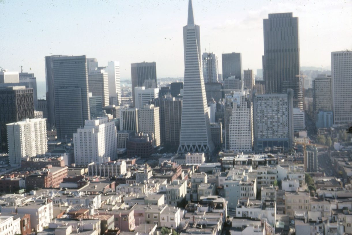 Downtown skyline including Transamerica Building, taken from Coit Tower, 1983.
