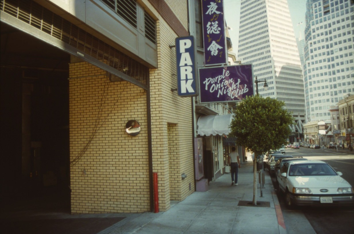 Exterior of Purple Onion Night Club, 140 Columbus Street, 1988.
