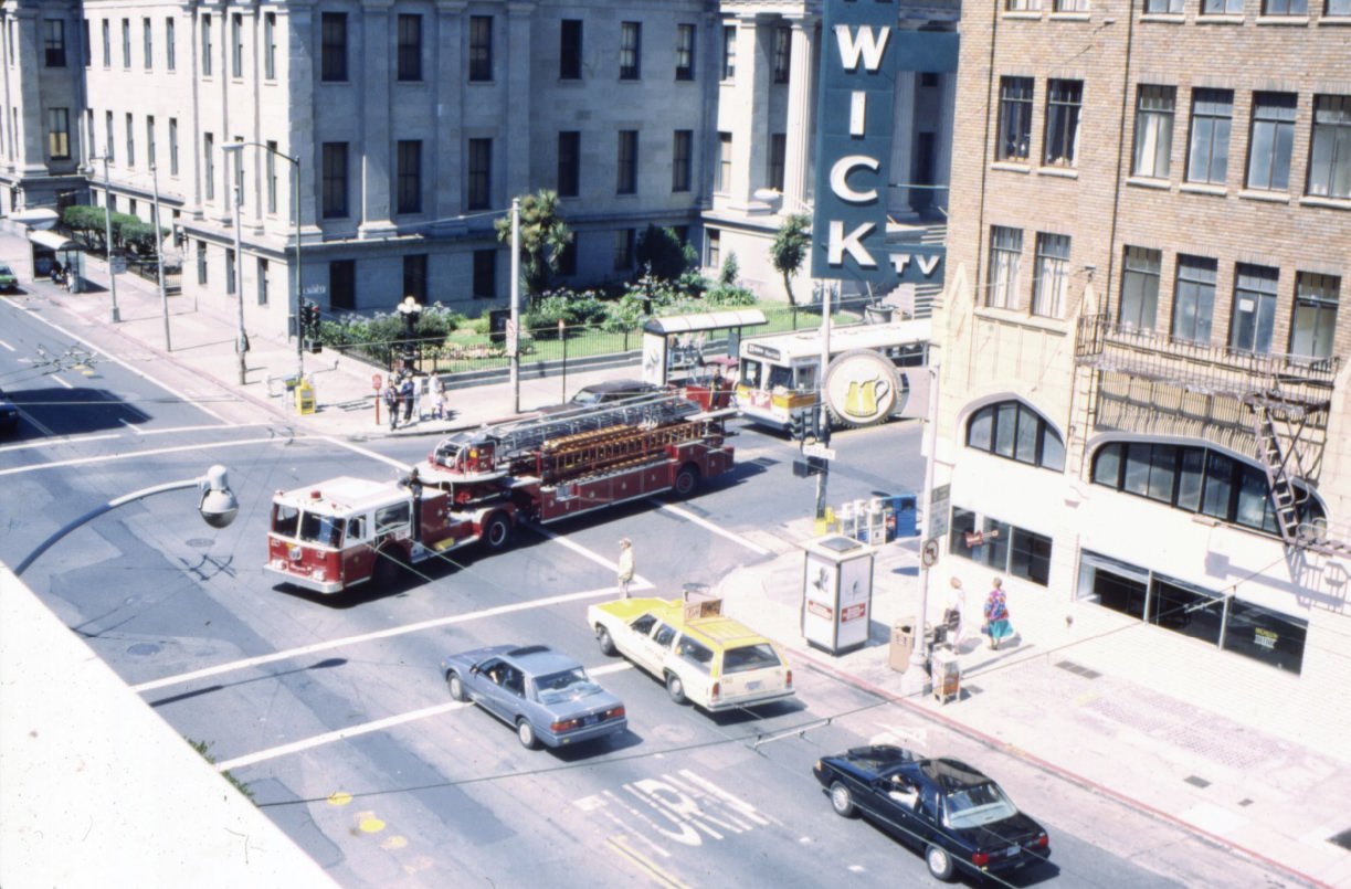 San Francisco fire engine turning onto Mission Street from 5th Street, 1989.
