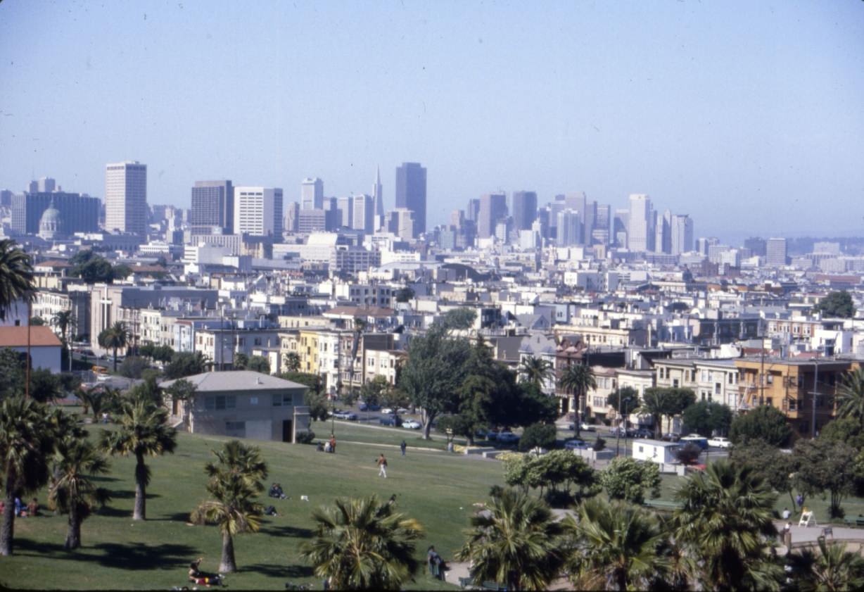View of San Francisco from Mission Dolores Park, 1985.