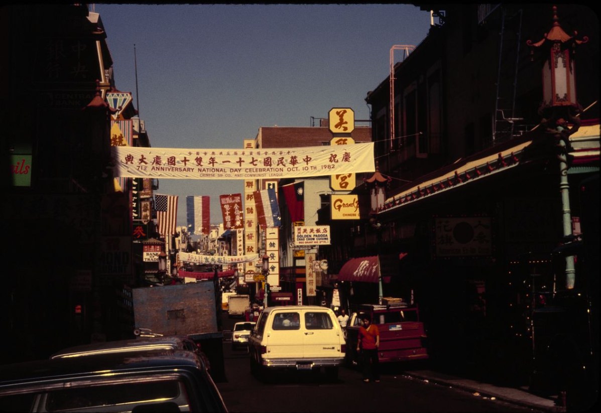Chinatown traffic and signs along Grant Avenue and Jackson Street, 1984.