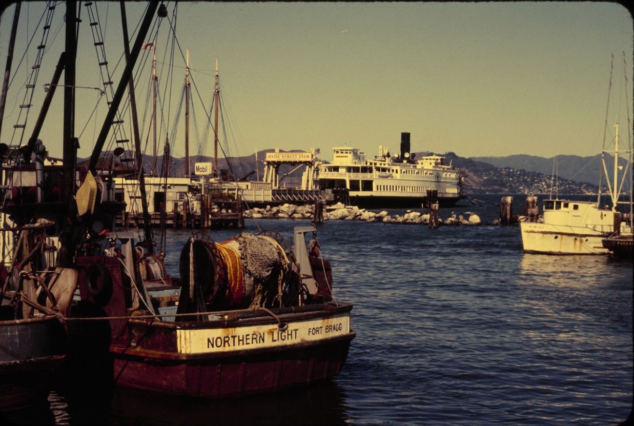 Fishing boats and ferry docked at Fishermen's Wharf, 1984.