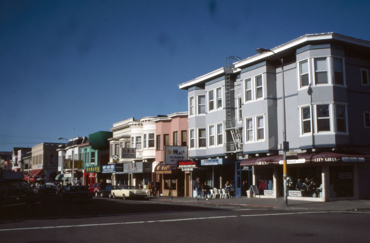 Clement Street, 300 block, west of 4th Avenue, Happy Hour Video, Nguyet Sanh, Mai's Vietnamese Restaurant, City Girls, 1992.