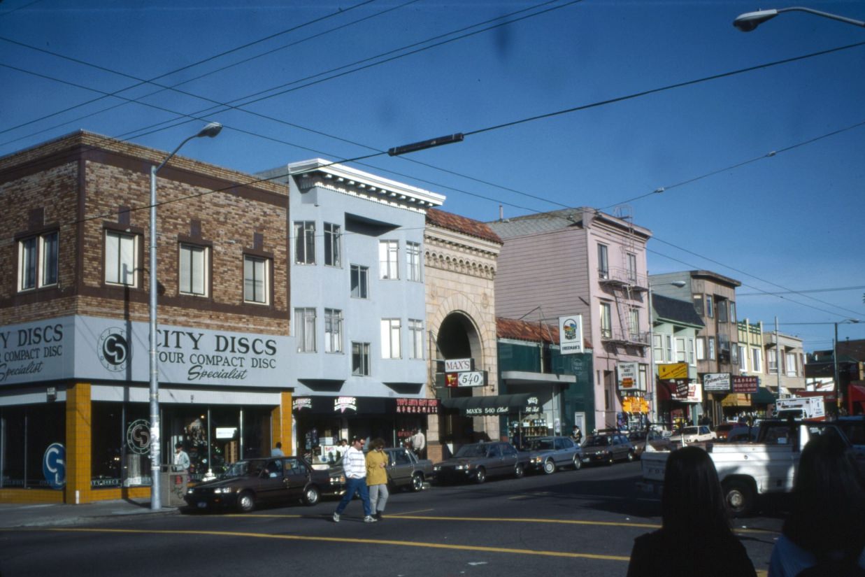 Clement Street at 7th Avenue, City Discs, Legends, Top's Auto Gift Shop, Max's 540 Club, 1992.