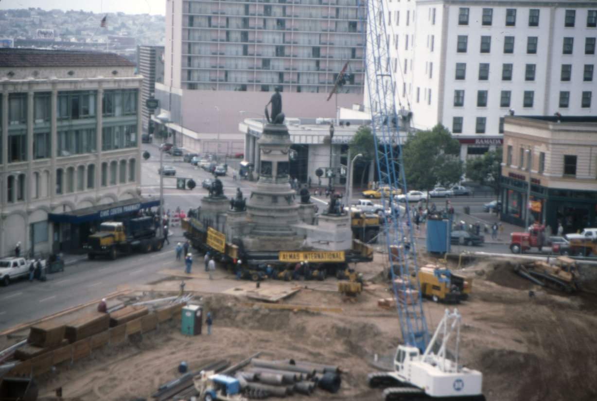 Moving Pioneer Monument at the site of the new Main Library, Hyde Street and Grove Street, 1993.