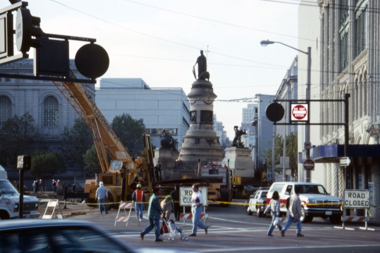 Moving Pioneer Monument on Marshall Square, Hyde Street and Grove Street, site of the new Main Library, 1993.