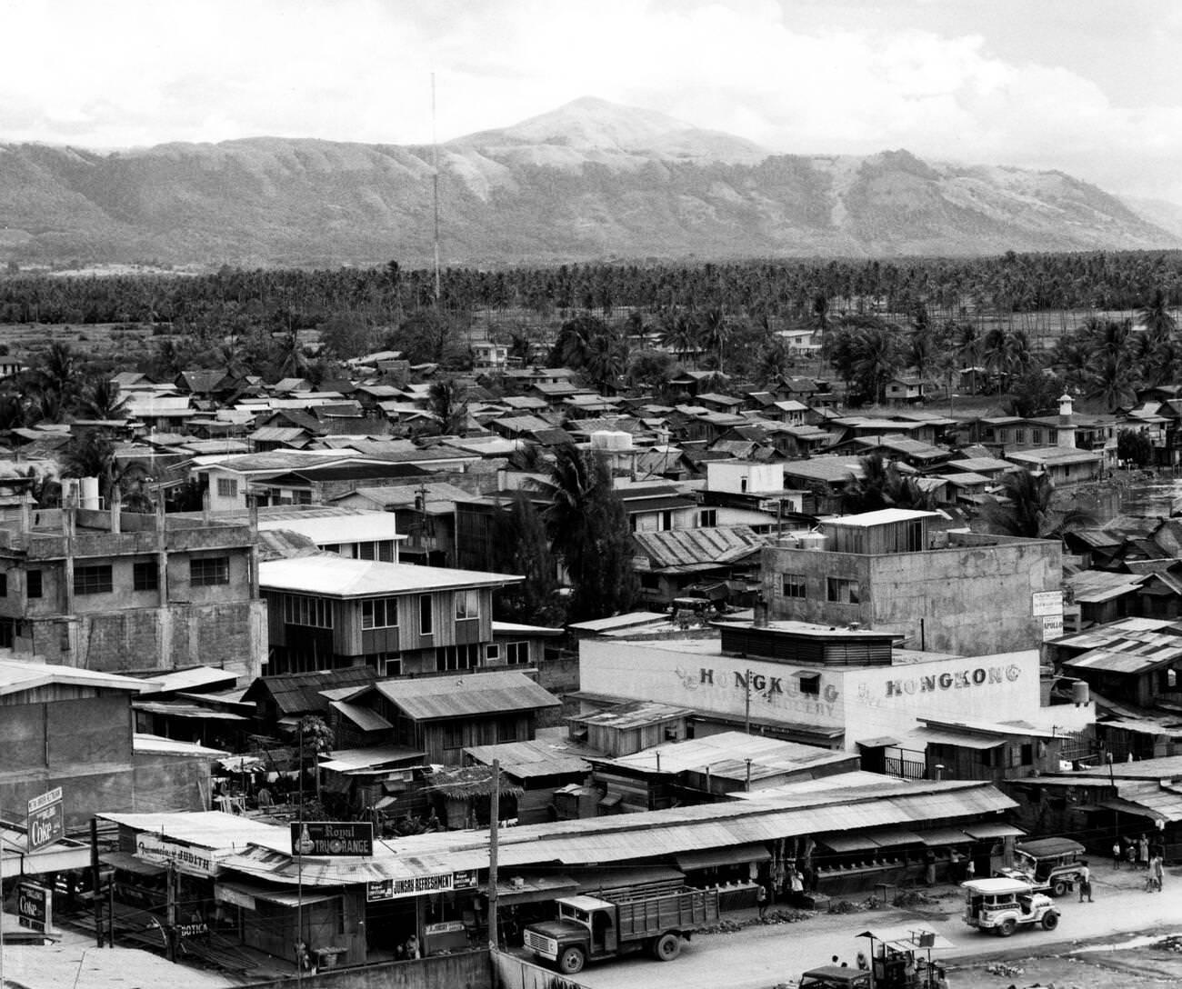 A view of Catobato town from the Imperial Hotel in Mindanao, Philippines, 1972.