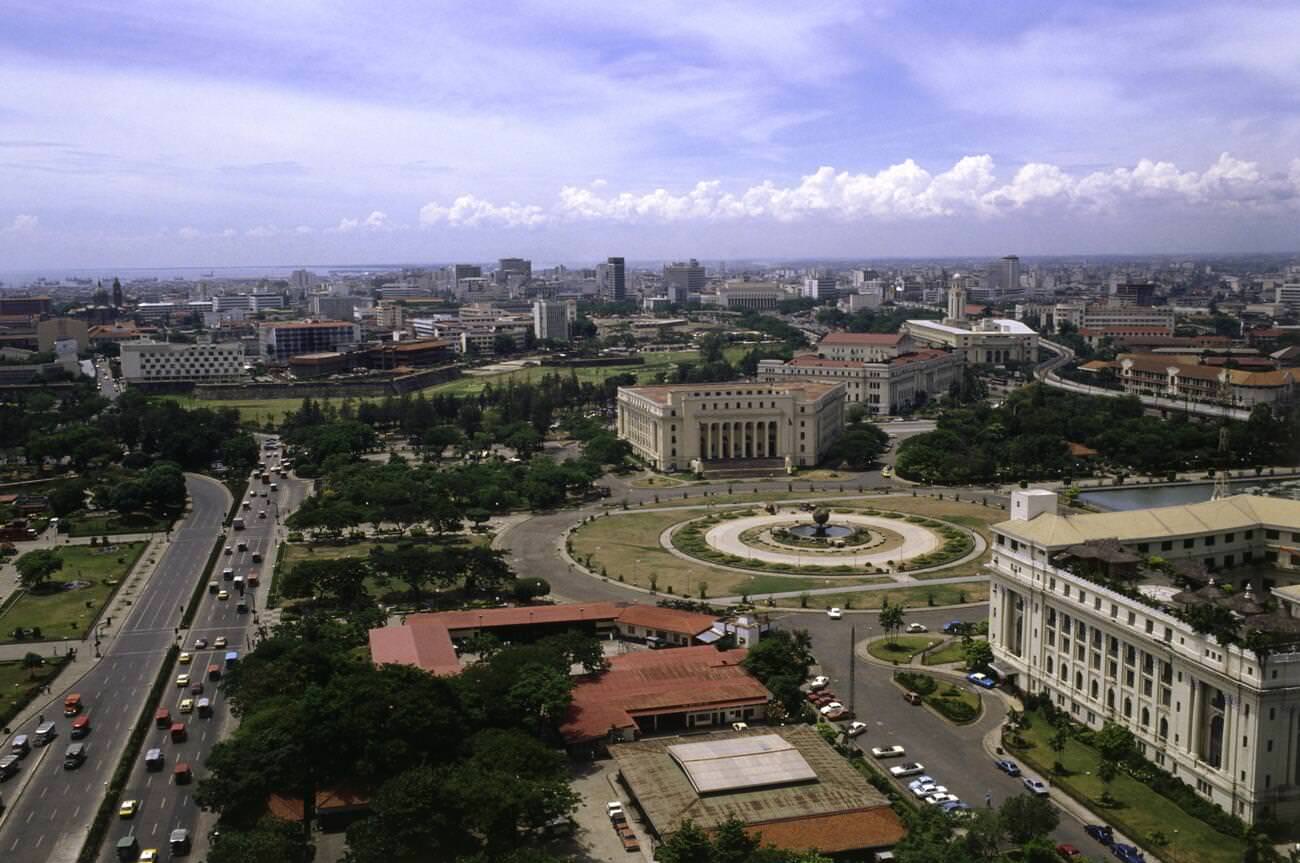 A view towards Intramuros from Teodoro Valencia Circle in Manila, Philippines, during the 1970s.