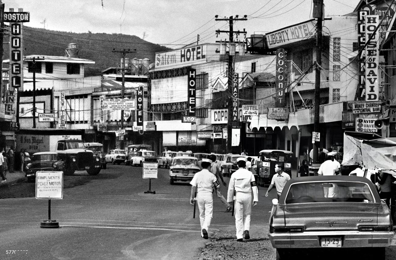U.S. Navy shore patrol officers in Olongapo, Philippines, 1972, reflecting the city's significance to U.S. Navy personnel stationed at Subic Bay.