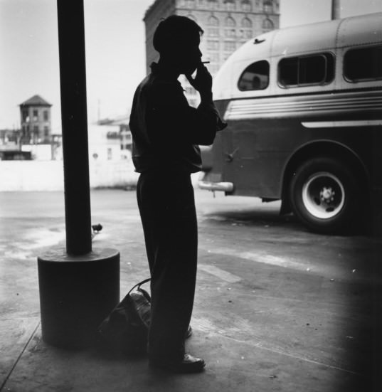 Bus terminal. Loading platform—waiting for a bus. Pittsburgh, Pennsylvania, 1950